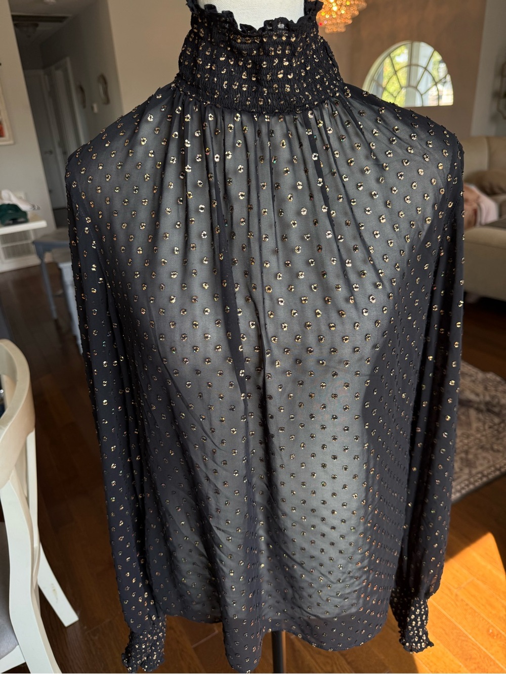 Akris Punto Black Sheer Blouse with Metallic Gold Dots Zipper Back Size 8